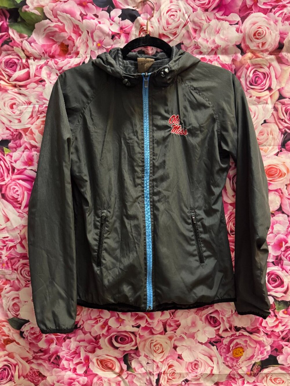 “Ole Miss” Hooded Windbreaker Jacket with Blue Zip Up